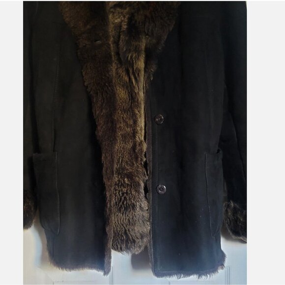 Shearling Sheepskin Wool Fur Coat Jacket Black Women L 40 Overcoat Pea Coat - Picture 11 of 15